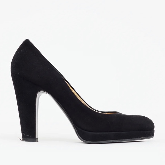Miu Miu Black Suede Pump Round Almond Toe Block Heels Leather Italy cLassic Shoe - Picture 12 of 12